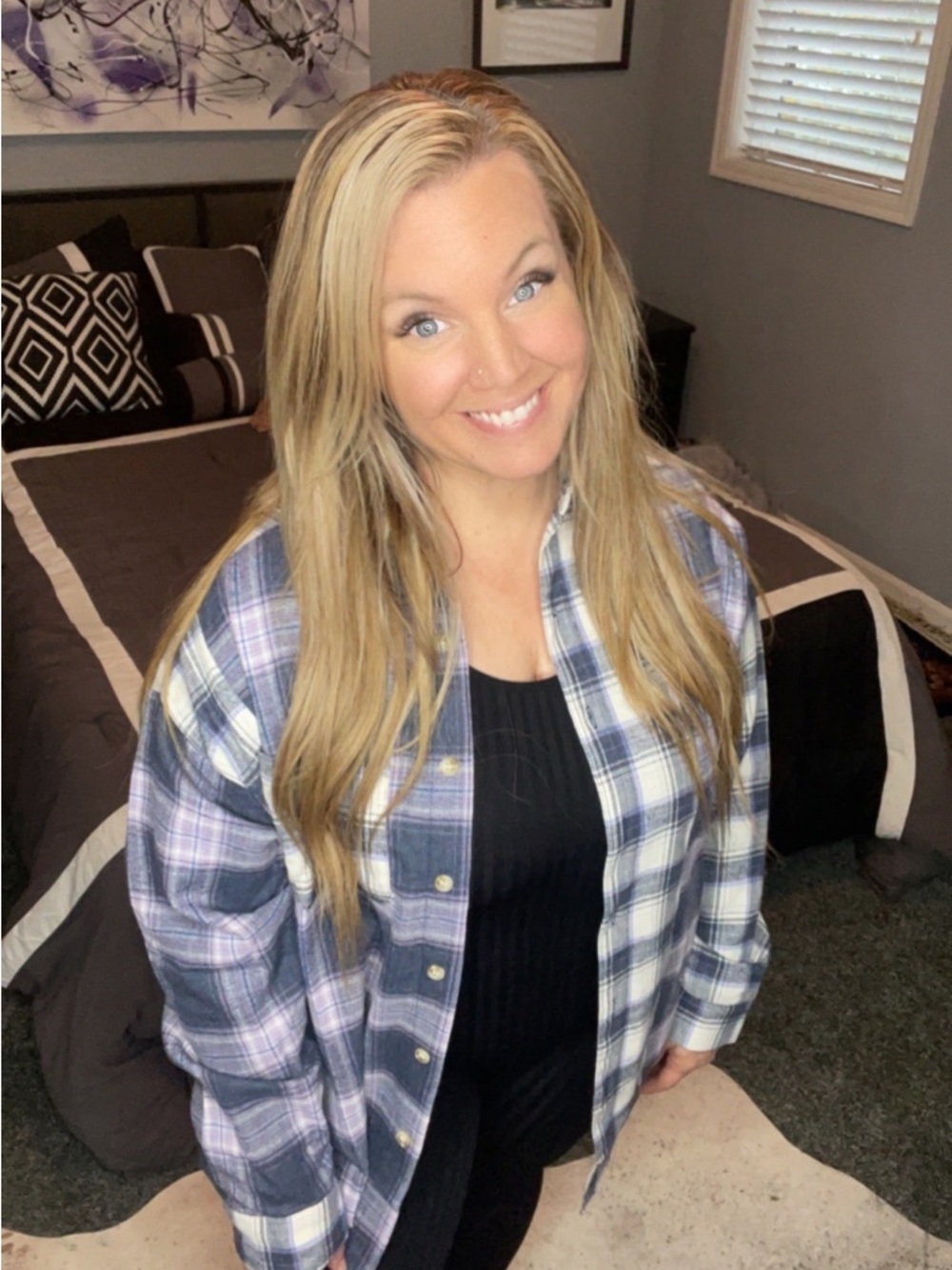 Women's Blue Plaid Button-Down Shirt Jacket
